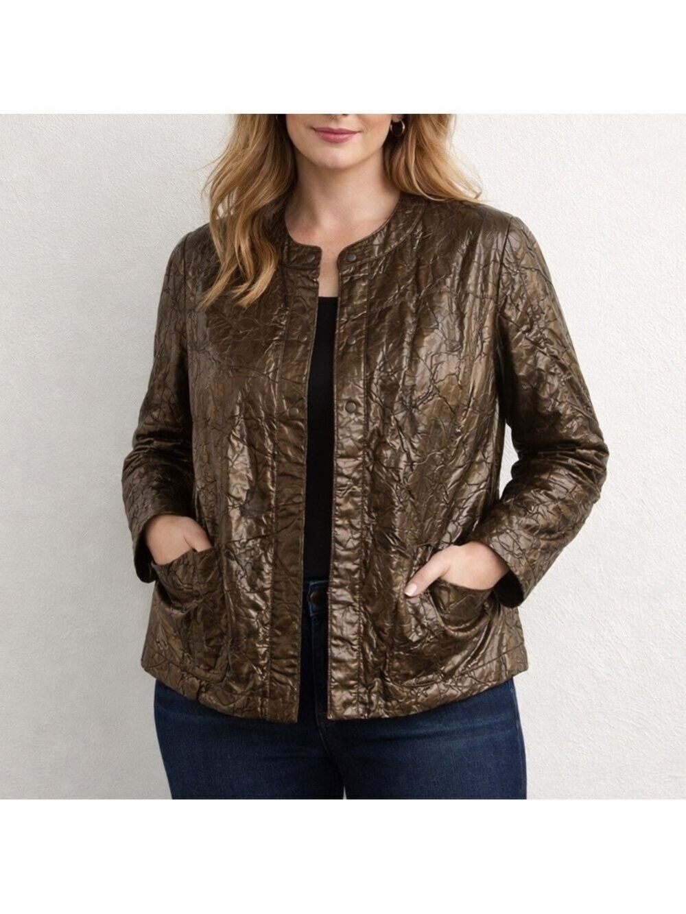 Lafayette 148 Brown Textured Faux Leather Hidden Button Front Jacket Pockets 14